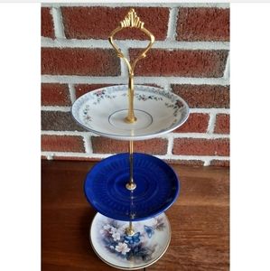 Blue and White Lenox Mismatched 3 Tier Candy Dish - Petit Four Tray